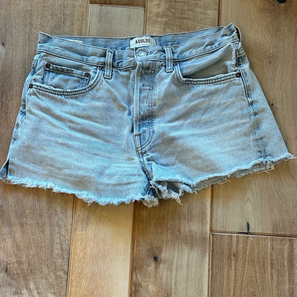 Agolde Light Wash Distressed Denim Shorts